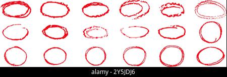 Roter Bleistift hebt Kreise hervor. Handgeschriebene Ellipsen im Kritzelstil. Runde, grobe, dünne Rahmen, die Kinder gezeichnet haben. Vektorsammlung von rundem Freihand Stock Vektor