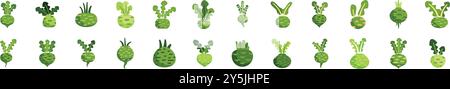 Dieses Set von Kohlrabi-Kohl-Symbolen zeigt verschiedene Gemüse mit grünen Blättern Stock Vektor