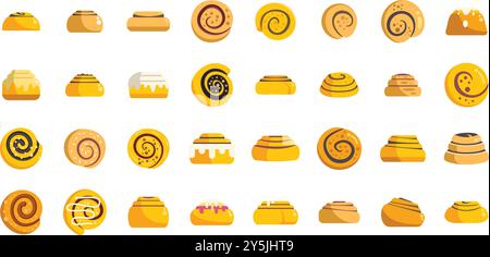 Dieses Bild ist eine Reihe von Zimtrollen-Symbolen, die viele verschiedene Arten von Süßbrötchen mit und ohne Zuckerguss zeigen Stock Vektor