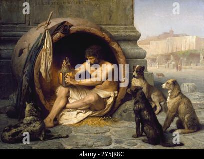 Diogenes sitzt in seiner Wanne von Jean-Léon Gérôme. (1824–1904), Öl auf Leinwand, 1860 der griechische Philosoph Diogenes (404-323 v. Chr.) sitzt in seinem Wohnhaus, der Tontaubenwanne, im Metroon, Athen, und zündet die Lampe an, mit der er einen ehrlichen Mann suchen sollte Stockfoto