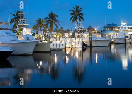 Islamorada, Florida - 10. September 2024: Charterboote bei Sonnenaufgang an der Whale Harbor Marina in Islamorada, Florida Keys Stockfoto