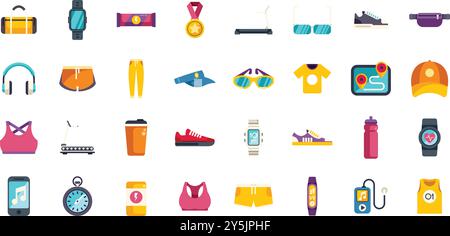 Diese Kollektion von Laufsymbolen zeigt die unverzichtbare Ausrüstung, Bekleidung und Technologie für Läufer aller Niveaus Stock Vektor