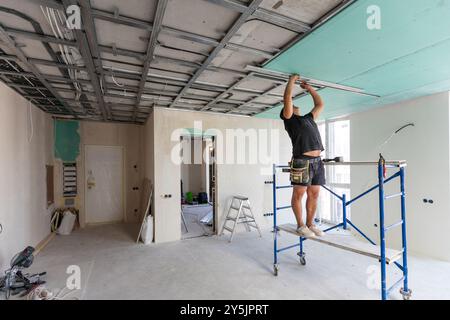 Drywall Installers. Men holding a gypsum board figured cut Stockfoto