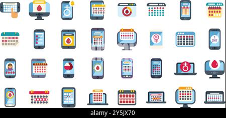 Symbole, die verschiedene digitale Geräte darstellen, die Menstruationskalender und zugehörige Informationen anzeigen und den Einsatz von Technologie für die Gesundheitsüberwachung von Frauen hervorheben Stock Vektor