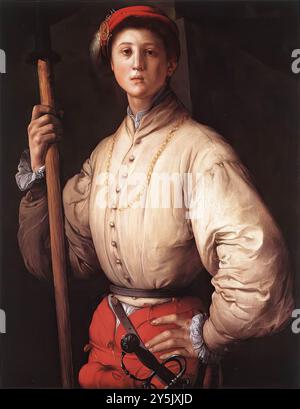 PONTORMO, Jacopo (* 1494, Pontormo, d. 1557, Firenze) Halberdier 1530er Jahre Öl auf Leinwand, 92 x 72 cm J. Paul Getty Museum, Malibu die Identität des Halberdiers auf diesem berühmten Bild wird diskutiert. Es wurde vermutet, dass es sich um ein Porträt des jungen Herzogs Cosimo handelt, der in Montemurlo über die letzte republikanische Initiative unter der Leitung von Filippo Strozzi und Baccio Valori (1537) triumphierte. Wer die Figur als Francesco di Giovanni di Gherardo Guardi bezeichnet, der in Florenz wohnt, datiert das Gemälde auf die Zeit der Belagerung von Florenz (1529–30). In dem Gemälde ist der junge Helligleur Intention o Stockfoto