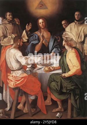 PONTORMO, Jacopo (* 1494, Pontormo, d. 1557, Firenze) Abendmahl bei Emmaus 1525 Öl auf Leinwand, 230 x 173 cm Galleria degli Uffizien, Florenz Pontormo fertigte die Leinwand für das Kartäuserkloster Galluzzo an, wo er zwischen 1523 und 1527 arbeitete. Das Gemälde zeigt die Episode, in der der nun auferstandene Christus, der denselben Akt des Brotes wiederholt, den er während des Letzten Abendmahls gemacht hatte, von zwei seiner Jünger erkannt wird. Die Inspiration hinter dem figürlichen Konzept ist sicherlich Dürer, von einem Stich aus der Serie der Kleinen Passion (1511). Dürer und nein Stockfoto