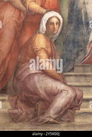 PONTORMO, Jacopo (* 1494, Pontormo, d. 1557, Firenze) Besichtigung (Detail) 1514-16 Fresco SS. Annunziata, Florenz in ihrer Monumentalität erinnern die Figuren an die Modelle von Fra Bartolomeo, weichen aber von letzterem in ihren leicht aufgeladenen, rastlosen Ausdrücken ab, wie die Frau, die im Vordergrund sitzt und etwas außerhalb der Szene ansieht. --- Schlüsselwörter: ----------------- Autor: PONTORMO, Jacopo Titel: Visitation (Detail) Zeitlinie: 1501-1550 Schule: Italienisch Form: Malerei Art: Religiös Stockfoto