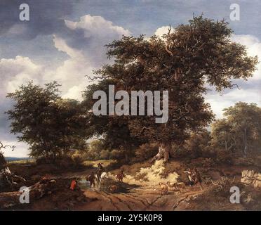 RUISDAEL, Jacob Isaackszon van (* 1628, Haarlem, d. 1682, Amsterdam) The Great Oak 1652 Oil on Canvas Los Angeles County Museum of Art, Los Angeles das Gemälde ist signiert und datiert, wurde jedoch im 18. Jahrhundert fälschlicherweise Nicolaes Berchem zugeschrieben. Tatsächlich malte Berchem nur die Personalzahlen des Bildes. --- Schlüsselwörter: ----------------- Autor: RUISDAEL, Jacob Isaackszon van Titel: Die große Eiche Zeitlinie: 1651-1700 Schule: Niederländisch Form: Malerei Typ: Landschaft Stockfoto