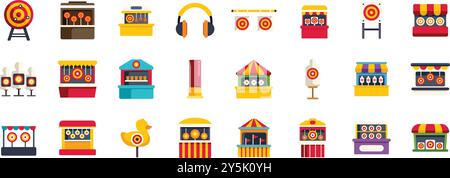 Symbole für den Schießstand werden in einem lustigen und farbenfrohen Zeichentrickstil dargestellt, der eine beliebte Attraktion darstellt Stock Vektor