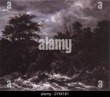 RUISDAEL, Jacob Isaackszon van (*ca 1628, Haarlem, d. 1682, Amsterdam) Wasserfall durch eine Kirche 1667-70 Öl auf Leinwand, 109 x 131,5 cm Wallraf-Richartz Museum, Köln Ruisdael wählte Wasserfälle als Motiv für seine Landschaftsmalereien nach den 1650er Jahren, inspiriert von den dramatischen skandinavischen Wasserfallszenen von Allaert van Everdingen. Ruisdaels Gemälde entstanden in Amsterdam, das Haarlem als Zentrum der Landschaftsmalerei nach der Mitte des Jahrhunderts nachfolgte. Gleichzeitig wurde ein gesteigerter Ausdruck in Mode. --- Schlüsselwörter: ----------------- Verfasser: RUISDAEL, Jacob Stockfoto