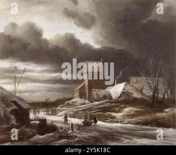 RUISDAEL, Jacob Isaackszon van (*ca 1628, Haarlem, d. 1682, Amsterdam) Winterlandschaft 1670 Öl auf Leinwand, 42 x 49,7 cm Rijksmuseum, Amsterdam Ein Überblick über das große Werk von Jacob van Ruisdael zeigt, dass er praktisch jedes von niederländischen Landschaftswissenschaftlern dargestellte Thema malte: Dünen und Landstraßen, Getreidefelder, Panoramen, Flüsse und Kanäle, Wälder, Ruinen, Winterszenen, Wasser und Windmühlen, Stadtblick, Bergszenen, skandinavische Landschaften, Meereslandschaften und Blick auf die Strände. Ruisdaels Winterlandschaft ist nicht zuletzt bemerkenswert. In der ersten Untersuchung Stockfoto