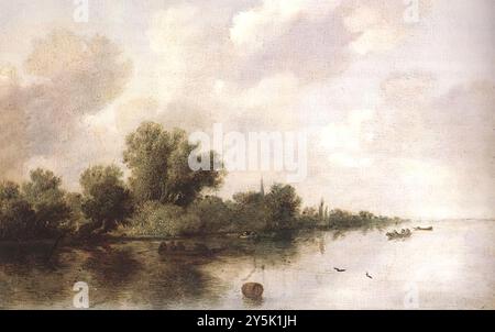 RUYSDAEL, Salomon van (* ca. 1602, Naarden, d. 1670, Haarlem) Flussszene 1632 Öl auf Leinwand, 33,6 x 50,5 cm Kunsthalle, Hamburg in diesem Gemälde scheint die Bildung von Bäumen und Büschen am Ufer als Fata Morgana aus dem bewegungslosen Wasser zu steigen. Das ganze Bild ohne scharf gezeichnete Linie ist eine Modulation innerhalb einer fast monochromatischen Skala; während dieser Monochromatismus in der gleichen gräulichen Taste bleibt, wird er nur subtil zum Himmel, wo er einen bläulichen Farbton erhält, oder zum Wasser mit Anklängen von Blau und Braun, während im Laub auf dem Ufer ein grünliches Grau erscheint Stockfoto