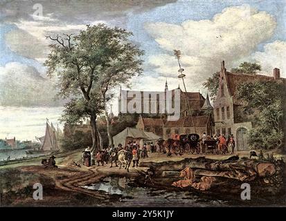 RUYSDAEL, Salomon van (* ca. 1602, Naarden, d. 1670, Haarlem) Taverne mit May Tree 1664 Öl auf Leinwand, 80,5 x 111 cm Museum der Schönen Künste, Budapest Dies ist ein Spätwerk des Künstlers mit komplexer Komposition. Seine späteren Arbeiten, wie dieses, sind rastloser und animierter; die Landschaft ist mit Figuren bevölkert, die eine wichtigere Rolle in der Komposition als Ganzes spielen, und es wird mehr Wert auf menschliche Vorfälle gelegt. Die Kirche im Hintergrund ist die Groote Kerk (große Kirche) in Alkmaar. --- Schlüsselwörter: ----------------- Autor: RUYSDAEL, Salomon van Titel: Tavern mit May Tree Time-Line Stockfoto