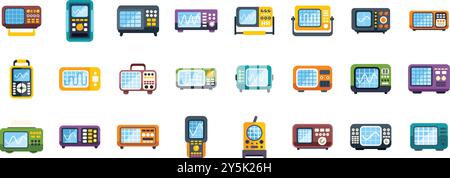 Diese Serie von Oszilloskopen präsentiert verschiedene Werkzeuge zur Analyse elektrischer Signale und zeigt eine Vielzahl von Farben und Designs Stock Vektor