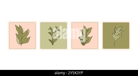 Set mit Vintage-Stempelaufklebern mit Blumenmuster. Vektor Hand gezeichnete Emlems Sammlung Stock Vektor