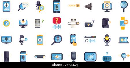 Die Sprachsteuerung präsentiert ein Sounderkennungssystem mit einem Soundwellenzeichen in flachen Symbolen Stock Vektor