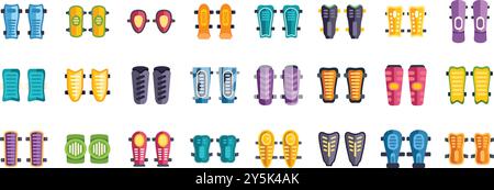 Fußball Schienbeinpolster Symbole setzen einen flachen Vektor. Abbildung der Fußballschutzausrüstung. Sportausrüstung Kollektion Stock Vektor