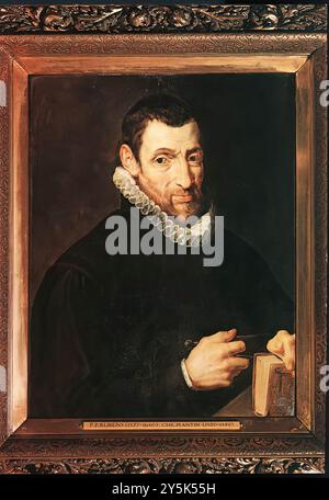 RUBENS, Pieter Pauwel (* 1577, Siegen, d. 1640, Antwerpen) Christoffel Plantin – Öl auf Leinwand Museum Plantin-Moretus, Antwerpen Christoffel (Christophe) Plantin (1520–1589), französischer Drucker, Gründer einer bedeutenden Druckerei und Herausgeber der Antwerpener Polyglot-Bibel. Plantin lernte Buchbinderei und Buchhandel in Caen, Normandie, und ließ sich 1549 als Buchbinder in Antwerpen nieder. Eine schlechte Armwunde scheint ihn (ca. 1555) dazu gebracht zu haben, sich der Typografie zuzuwenden. Seine zahlreichen Veröffentlichungen zeichnen sich durch ihre hervorragende Typografie aus und er verwendete ursprünglich Kupferstiche statt Holz Stockfoto