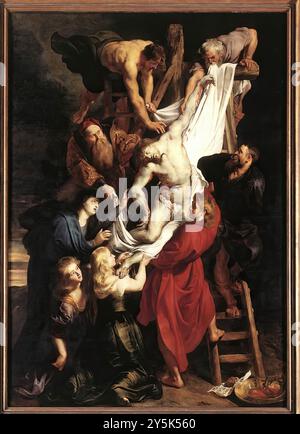 RUBENS, Pieter Pauwel (* 1577, Siegen, d. 1640, Antwerpen) Abstieg vom Kreuz (Mittelplatte) 1612-14 Öl auf Platte, 421 x 311 cm OL Vrouwekathedraal, Antwerpen die Mitteltafel des großen Triptychons zeigt den Abstieg vom Kreuz vor einem dunklen Himmel. Mehrere Männer – Josef von Arimathäa, Nikodemus, Johannes und zwei Diener – senken den Leib Christi vorsichtig in einem strahlend weißen Grabtuch ab. Sie werden von mehreren Frauen unterstützt, darunter Jesu Mutter. Christi Fuß liegt auf der Schulter von Maria Magdalena, die seine Füße mit ihren Haaren trocknete. --- Schlüsselwörter: ----------------- Autor: RUBENS, Pi Stockfoto