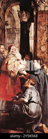 RUBENS, Pieter Pauwel (* 1577, Siegen, d. 1640, Antwerpen) Abstieg vom Kreuz (rechter Flügel) 1612-14 Öl auf Platte, 421 x 153 cm OL Vrouwekathedraal, Antwerpen der rechte Flügel des großen Triptychons „Abstieg vom Kreuz“ ist der Darstellung des Jesuskindes im Tempel zu Jerusalem gewidmet. Der ältere Simeon hält das Kind in seinen Armen, während die Prophetin Anna, die sich im Schatten zwischen Simeon und Maria befindet, freudig zusieht. Joseph, der zwei Opfertauben mitgebracht hat, kniet respektvoll nieder. Der Zuschauer am linken Rand dieses prächtigen Tempelinneren ist Stockfoto