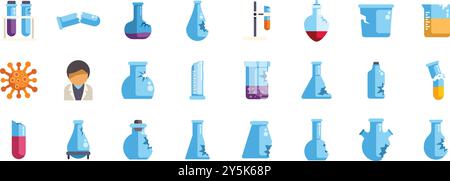 Wissenschaftler, die chemische Experimente mit Laborglaswaren machen, Ikonensätze in flachem Stil Stock Vektor