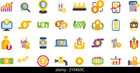 Diese Symbole zeigen verschiedene Aspekte des Geldumlaufs, der Investitionen, des Finanzwachstums und des Gewinns Stock Vektor