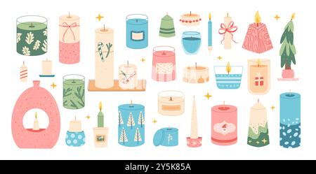 Weihnachtskerzen-Set. Vektor Hand gezeichnete Sammlung Illustration isoliert auf weißem Hintergrund. Stock Vektor