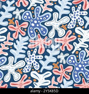 Abstraktes organisches nahtloses Muster. Boho-Style, endloser Hintergrund. Folk Repeat Cover. Blaues und rotes durchgehendes Ornament. Einfaches Motiv mit Oberflächenmuster. Vektor handgezeichnet flache Illustration. Stock Vektor