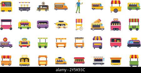 Diese lebendige Sammlung von Ikonen zeigt eine Vielzahl von Food Trucks und Street Food Carts und fängt die Essenz mobiler kulinarischer Erlebnisse ein Stock Vektor