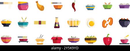 Buntes flaches Vektor-Icon-Set mit verschiedenen Arten asiatischer Küche, mit Schwerpunkt auf Nudelgerichten Stock Vektor