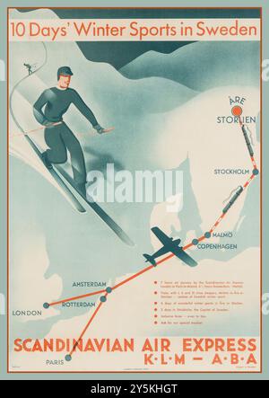 Wintersport der 1930er Jahre in Schweden für 10 Tage mit dem Flugzeug und der Bahn. Scandinavian Air Express KLM--A.B.A Vintage-Poster mit dem Titel „Scandinavian Air Express“, entworfen von anders Beckman .1935 Stockfoto