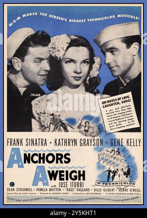 Anchors Aweigh Original 1945 Werbespot in der Filmdruckpresse. Mit Frank Sinatra, Kathryn Grayson, Gene Kelly Hollywood USA MGM 1945 USA unter der Regie von George Sidney. Filmpresse Printwerbung. Hollywood USA Stockfoto