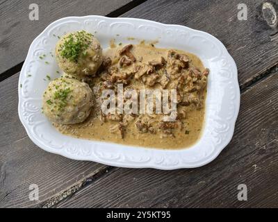 Speckknödel, Pfifferlingen, Pilzcremesauce, auf einem Teller, Holztisch, Lebensmittel, Schenna, Schenna, Südtirol, Autonome Provinz Bozen, Italien Stockfoto
