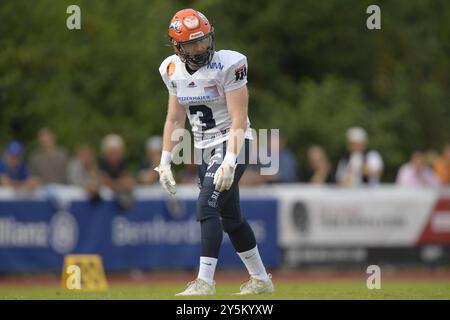 Michael Mayer (3, WR, ifm Razorbacks Ravensburg) GER, ifm Ravensburg Razorbacks vs New Yorker Lions Braunschweig, American Football, GFL, Saison 2024, Playoffs, Viertelfinale, 22.09.2024, Eibner-Pressefoto/Florian Wolf Stockfoto