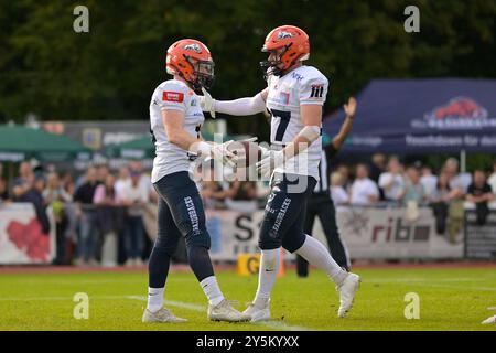 Touchdown Michael Mayer (3, WR, ifm Razorbacks Ravensburg) GER, ifm Ravensburg Razorbacks vs New Yorker Lions Braunschweig, American Football, GFL, Saison 2024, Playoffs, Viertelfinale, 22.09.2024, Eibner-Pressefoto/Florian Wolf Stockfoto