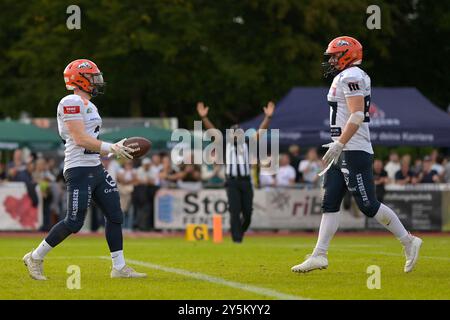 Touchdown Michael Mayer (3, WR, ifm Razorbacks Ravensburg) GER, ifm Ravensburg Razorbacks vs New Yorker Lions Braunschweig, American Football, GFL, Saison 2024, Playoffs, Viertelfinale, 22.09.2024, Eibner-Pressefoto/Florian Wolf Stockfoto