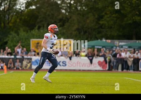 Touchdown Michael Mayer (3, WR, ifm Razorbacks Ravensburg) GER, ifm Ravensburg Razorbacks vs New Yorker Lions Braunschweig, American Football, GFL, Saison 2024, Playoffs, Viertelfinale, 22.09.2024, Eibner-Pressefoto/Florian Wolf Stockfoto