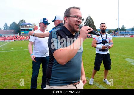 Weingarten, Deutschland. September 2024. Ronny Ruehlemann (Marketing, ifm Ravensburg Razorbacks) GER, ifm Ravensburg Razorbacks vs New Yorker Lions Braunschweig, American Football, GFL, Saison 2024, Playoffs, Viertelfinale, 22.09.2024, Eibner-Pressefoto/Florian Wolf Credit: dpa/Alamy Live News Stockfoto