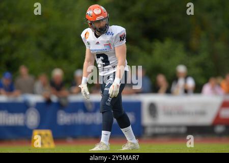 Weingarten, Deutschland. Januar 2016. Michael Mayer (3, WR, ifm Razorbacks Ravensburg) GER, ifm Ravensburg Razorbacks vs New Yorker Lions Braunschweig, American Football, GFL, Saison 2024, Playoffs, Viertelfinale, 22.09.2024, Eibner-Pressefoto/Florian Wolf Credit: dpa/Alamy Live News Stockfoto