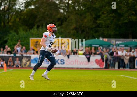 Weingarten, Deutschland. September 2024. Touchdown Michael Mayer (3, WR, ifm Razorbacks Ravensburg) GER, ifm Ravensburg Razorbacks vs New Yorker Lions Braunschweig, American Football, GFL, Saison 2024, Playoffs, Viertelfinale, 22.09.2024, Eibner-Pressefoto/Florian Wolf Credit: dpa/Alamy Live News Stockfoto