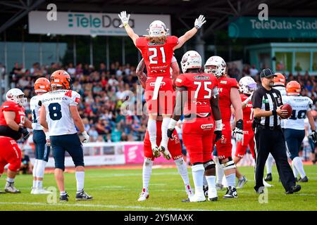 Weingarten, Deutschland. September 2024. Touchdownjubel Justin Heller (21, DB, New Yorker Lions Braunschweig) GER, ifm Ravensburg Razorbacks vs New Yorker Lions Braunschweig, American Football, GFL, Saison 2024, Playoffs, Viertelfinale, 22.09.2024, Eibner-Pressefoto/Florian Wolf Credit: dpa/Alamy Live News Stockfoto