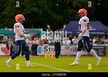 Weingarten, Deutschland. September 2024. Touchdown Michael Mayer (3, WR, ifm Razorbacks Ravensburg) GER, ifm Ravensburg Razorbacks vs New Yorker Lions Braunschweig, American Football, GFL, Saison 2024, Playoffs, Viertelfinale, 22.09.2024, Eibner-Pressefoto/Florian Wolf Credit: dpa/Alamy Live News Stockfoto