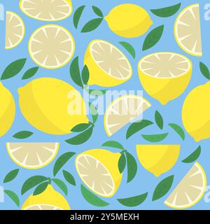 Vektor frische gelbe Zitrone mit grünen Blättern. Nahtloses Muster. Tropische Frucht-Ikone mit saurem Geschmack. Stock Vektor
