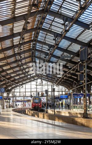 Der Bahnhof Friedrichstraße in Berlin. 22.09.2024, Berlin, Bahnsteige mit Reisenden in einem ueberdachten Bahnhof und einfahrende Regionalbahn., Berlin Berlin Deutschland, DEU Bahnhof Friedrichstrasse *** Bahnhof Friedrichstraße in Berlin 22 09 2024, Berlin, Bahnsteige mit Reisenden in einem überdachten Bahnhof und ankommenden Regionalzug , Berlin Berlin Berlin Deutschland, DEU Bahnhof Friedrichstraße Stockfoto