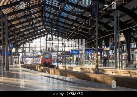 Der Bahnhof Friedrichstraße in Berlin. 22.09.2024, Berlin, Bahnsteige mit Reisenden in einem ueberdachten Bahnhof und einfahrende Regionalbahn., Berlin Berlin Deutschland, DEU Bahnhof Friedrichstrasse *** Bahnhof Friedrichstraße in Berlin 22 09 2024, Berlin, Bahnsteige mit Reisenden in einem überdachten Bahnhof und ankommenden Regionalzug , Berlin Berlin Berlin Deutschland, DEU Bahnhof Friedrichstraße Stockfoto