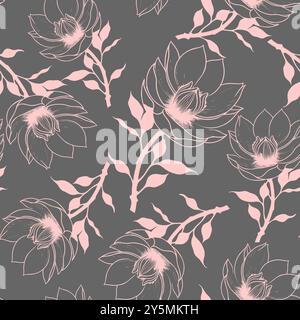 Einfaches grafisches nahtloses Muster rosafarbener Magnolienblüten auf grauem Hintergrund, Textur Stockfoto