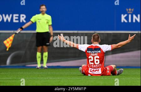 Leuven, Belgien. September 2024. Kortrijks Bram Lagae reagiert auf ein Fußballspiel zwischen OH Leuven und KV Kortrijk am Sonntag, den 22. September 2024 in Leuven, am 8. Tag der Saison 2024-2025 der ersten Liga der „Jupiler Pro League“ der belgischen Meisterschaft. BELGA FOTO JOHN THYS Credit: Belga News Agency/Alamy Live News Stockfoto