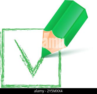 Checkliste mit grünem Bleistift und grünem Häkchen oder Häkchen. Vektorillustration auf weißem Hintergrund. Stock Vektor