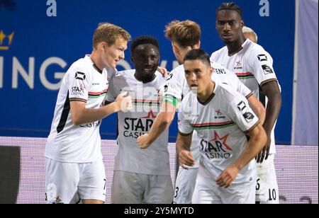 Leuven, Belgien. September 2024. OHL Youssef Maziz feiert nach einem Torschuss während eines Fußballspiels zwischen OH Leuven und KV Kortrijk am Sonntag, den 22. September 2024 in Leuven, am 8. Tag der Saison 2024-2025 der ersten Liga der „Jupiler Pro League“ der belgischen Meisterschaft. BELGA FOTO JOHN THYS Credit: Belga News Agency/Alamy Live News Stockfoto