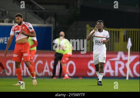 Leuven, Belgien. September 2024. OHL Youssef Maziz feiert nach einem Torschuss während eines Fußballspiels zwischen OH Leuven und KV Kortrijk am Sonntag, den 22. September 2024 in Leuven, am 8. Tag der Saison 2024-2025 der ersten Liga der „Jupiler Pro League“ der belgischen Meisterschaft. BELGA FOTO JOHN THYS Credit: Belga News Agency/Alamy Live News Stockfoto